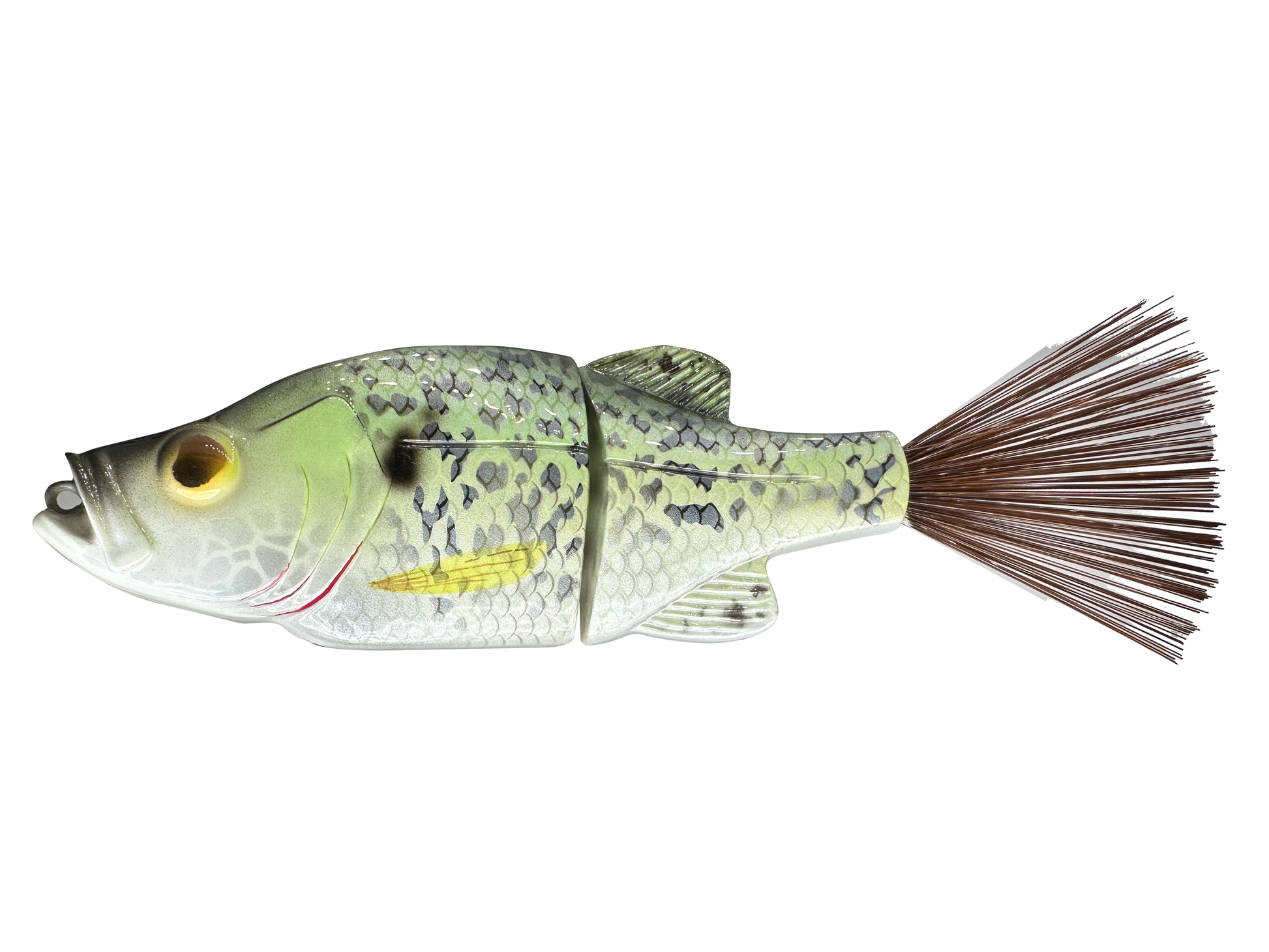 black crappie fishing lures Mr. Sausage Jig Head Spins Pre-Rigged Slabalicious Tuxedo Chart 1/8 oz MRCSHSIPS18-183 The blade spins consistently on the fall and throughout the retrieve Ghost Custom Baits 2" Crappie